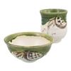 Seto Ware Oribe Iron Painting Rice Bowl and Teacup Pair Set for One Made In Product Number "Nakajima Shiokusa" Person, Japan, 004-0075p