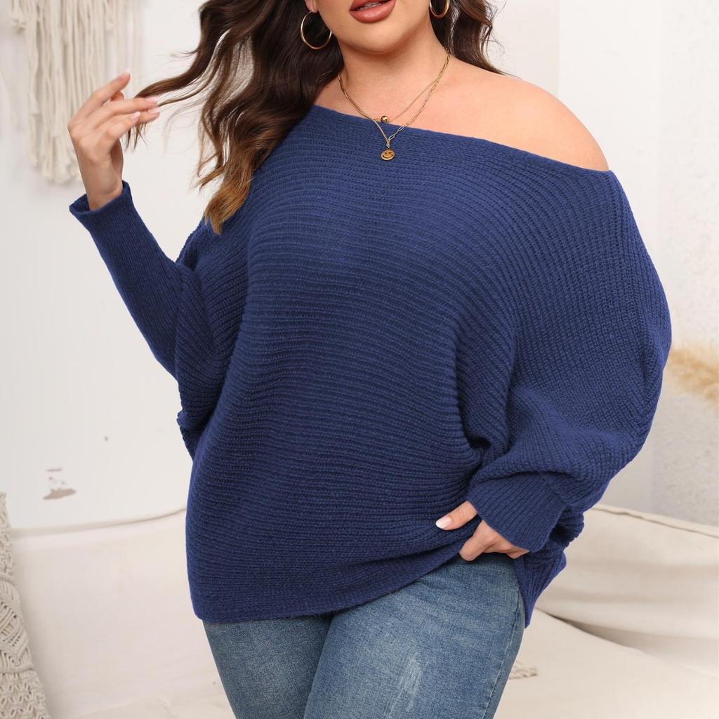 Женский пуловер большого размера, свободный свитер на осень и зиму с рукавами «летучая мышь» и однотонным вырезом с открытыми плечами