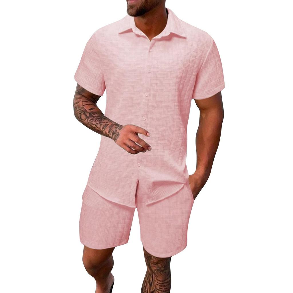 Men's Summer Solid Color Short Sleeve Button Lapel Shirt Shorts Set