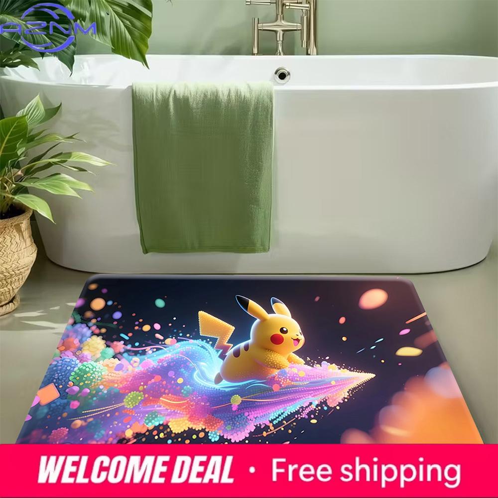 Pokemon Pikachu Colorful Particles Art Print Non-Slip Doormat, Absorbent Floor Mat for Home Decor