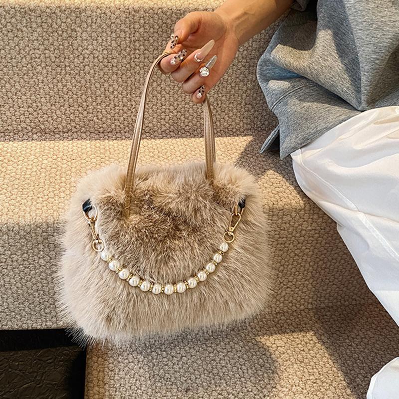 Hairy Handbag Pearl Chain Plush Small Square Bag For Women Fashion Elegant Shoulder Crossbody Bag Autumn Winter Versatile Totes