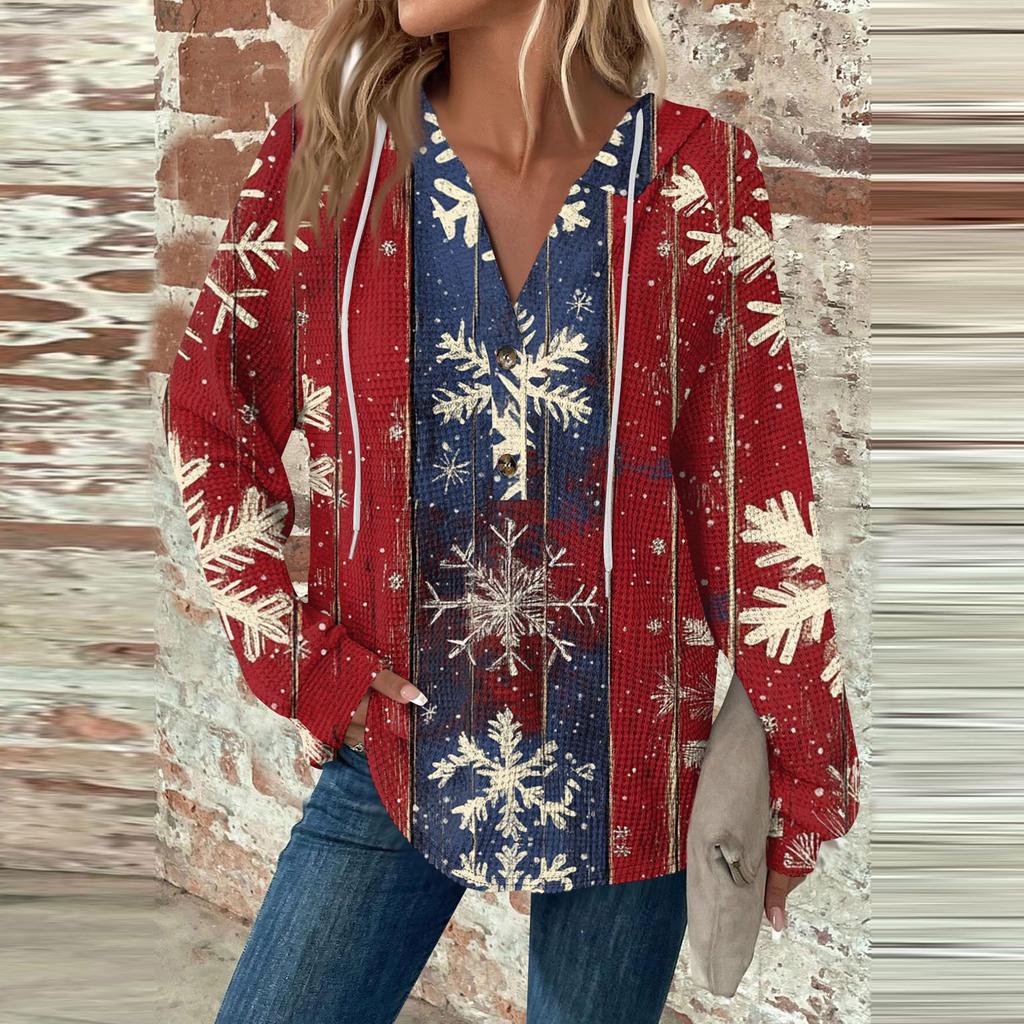 Женская мода с длинным рукавом, завязками на шнурке, капюшоном, пуговицами, V-образным вырезом, повседневная толстовка с капюшоном и рождественским принтом