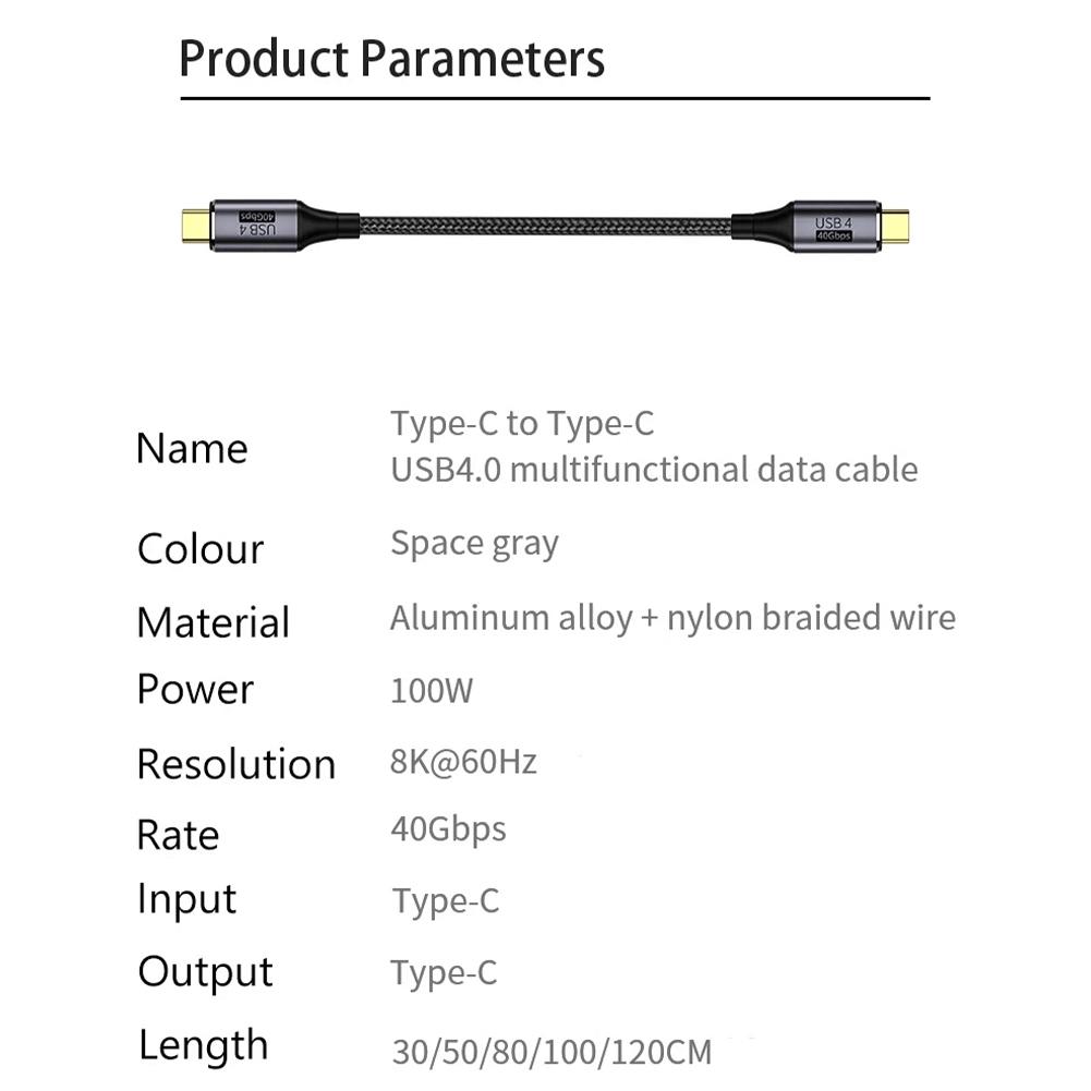 Функциональный кабель данных USB4.0 USB C на Type C 8k60 Гц PD 100 Вт 40 Гбит/с Быстрая зарядка Кабель Type-C Шнур для передачи данных