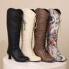 Retro Knee High Western Boots Cowboy Women's Victorian Tall Boot Cutout Kitten Heel Shoes 2024 Fall Winter Soft PU Comfy