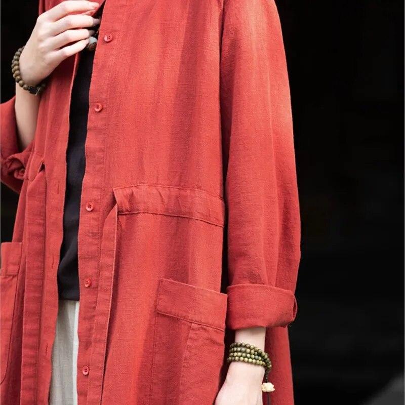 Johnature Women Chinese Style Bandage Trench Stand Long Sleeve Solid Color Autumn Coats Button Pockets Trench