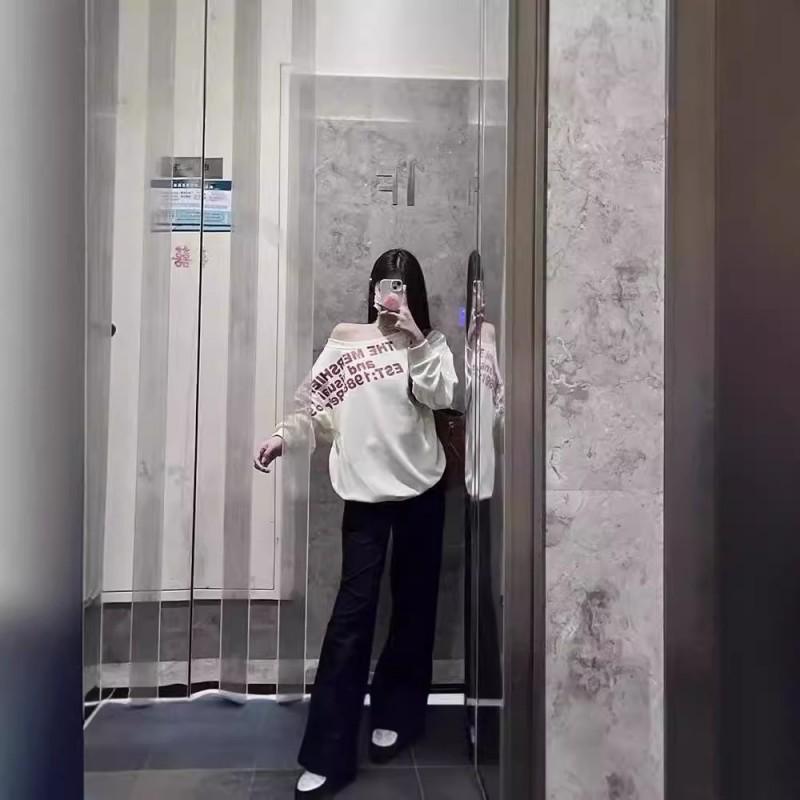 Womens Vintage Letter Embroidery Sweatshirt Off Shoulder Long Sleeve Loose Streetwear Teens Youth