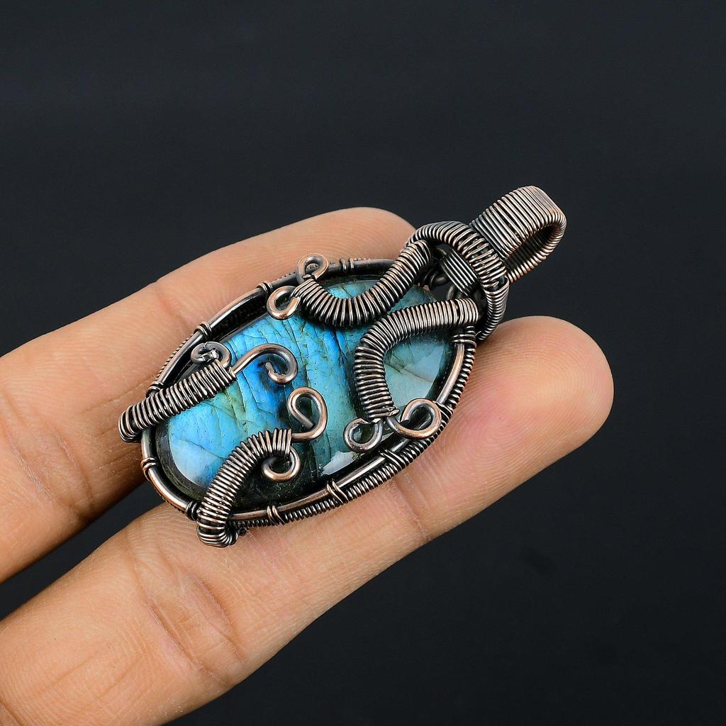 Labradorite Pendant, Handmade Gemstone 999 Copper Wire Wrapped Pendant Antique Jewelry, For Gift Silver Jewelry