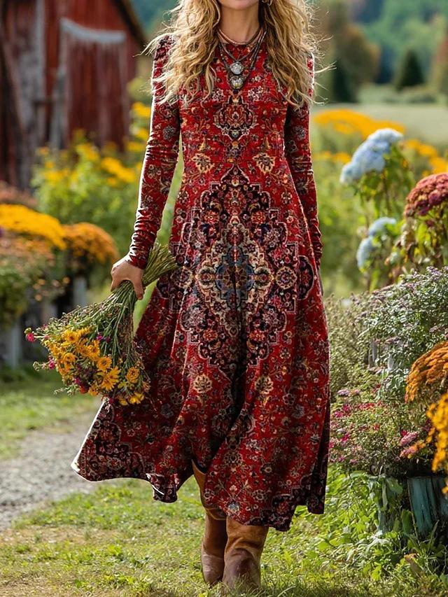 Женское среднедлинное платье в богемно-ретро стиле с принтом, А-силуэта, для отпуска