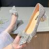 Shiny Crystal Bowknot Pumps Women 2024 New Thick Heels Rhinestone Wedding Party Shoes Woman Gold Silver Sequin Pointed Toe Pumps