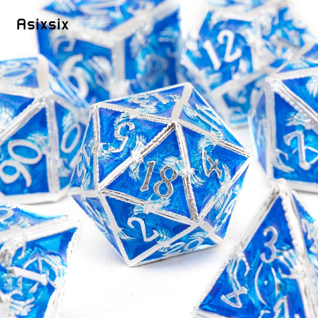 7 Pcs Silver Blue Hand Metal Dice Solid Metal Polyhedral Dice Set Suitable for Role-Playing RPG  Board Game Card Game