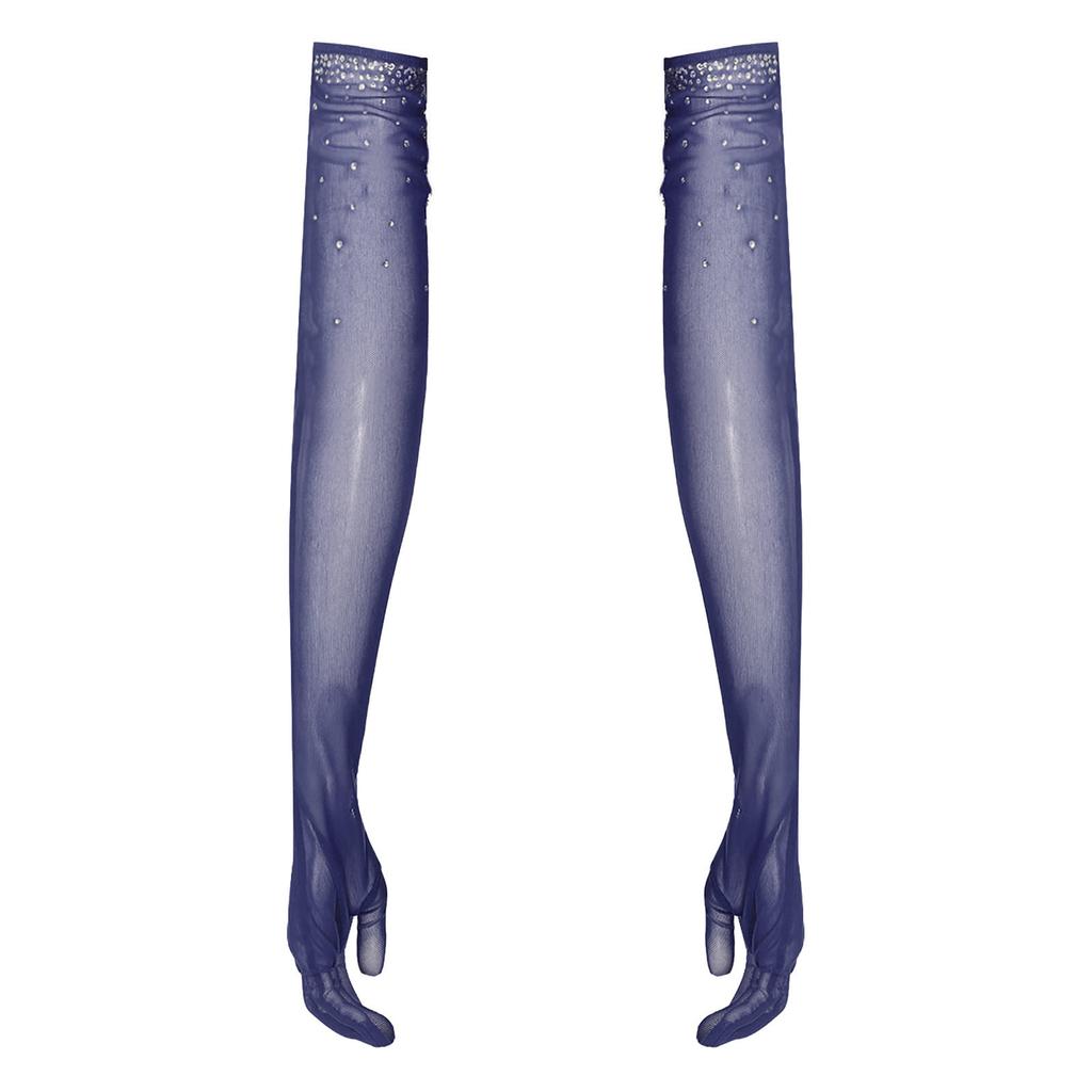 Womens One Pair Mesh Dance Gloves Glittery Rhinestones Five Finger Full Length Gloves Performance Accessory