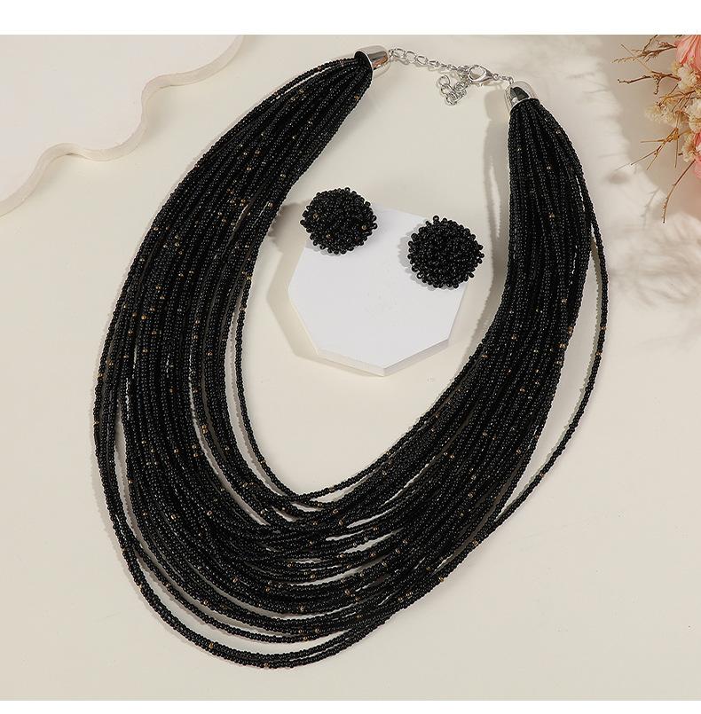 Богемный Многослойный Набор Серьги-Ожерелье из Рисового Бисера Ретро Этнический Стиль Цепочка на Свитер Женские Многослойные Украшения