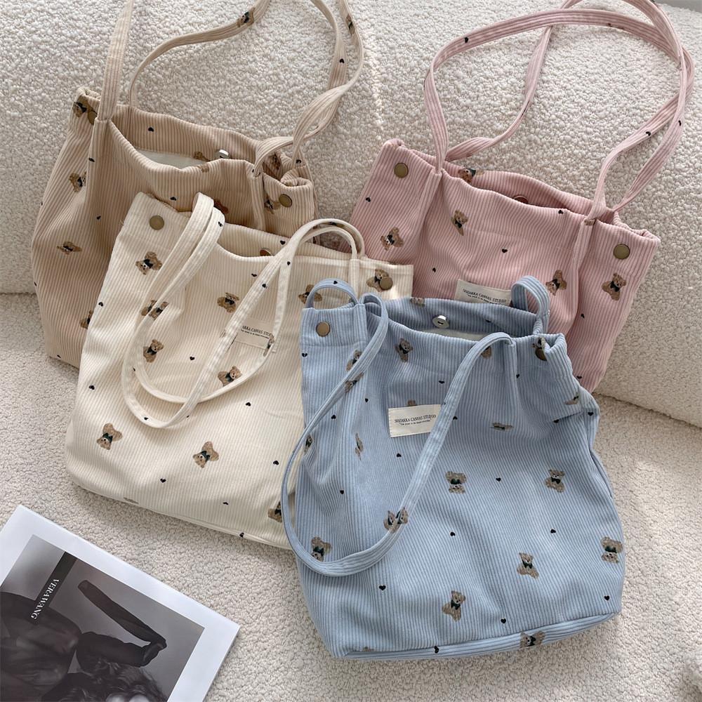 Adorable Corduroy Bear Print Canvas Tote Bag Spacious Soft Shoulder Bag For Students