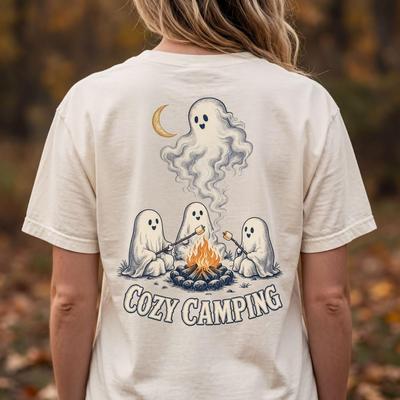 Ghost Campfire Tee, Engraved Linework Back Print | Comfort Colors 1717 | Unisex S-4XL