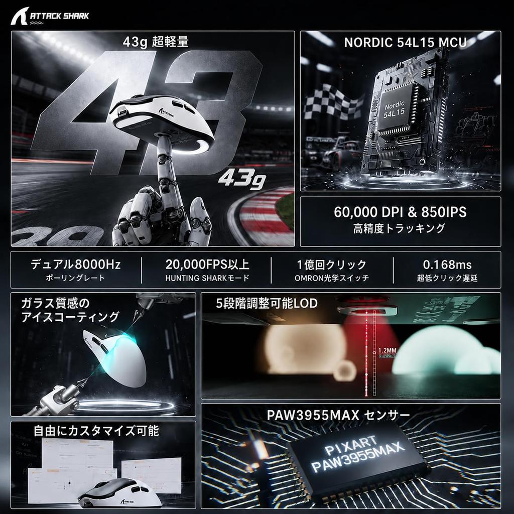 ATTACK SHARK F1 AIR Wireless Gaming Mouse, 43g, 8000Hz, PAW3955MAX, 1–60000 DPI, Small to Medium Hands