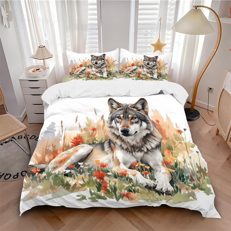 3pcs Wild Wolf amidst Autumnal Wildflowers Print Bedding Set (Without Inserts), Soft and Comfortable J092