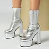 Sung Fit Ankle Boots Women's Platform Stretch Boots Soft PU Comfy Chunky High Heels Shoes Slip On Gold Silver Balck White Brown