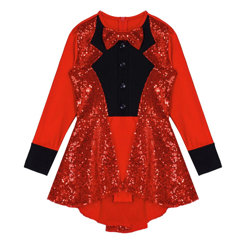 Kids Girls Halloween Cosplay Circus Ringmaster Dress Up Costume Sequins Jazz Dance Wear Leotard Dress