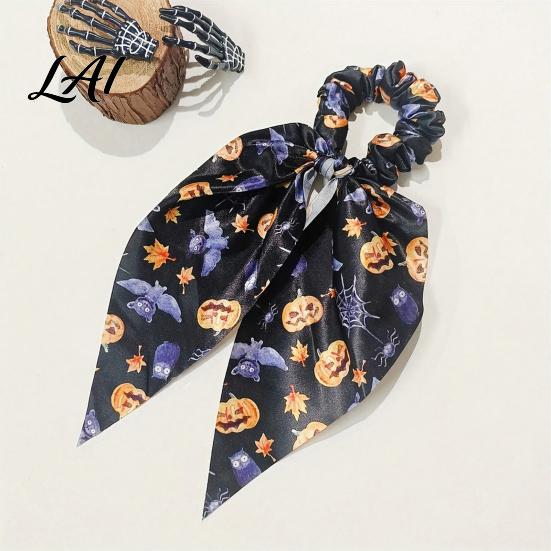 Reusable Soft Hair Ties Halloween for Women Girls Spooky Spider Web Skeleton Bat Cute Seasonal Bands Pumpkin Scrunchies Pleated Ties Ribbon