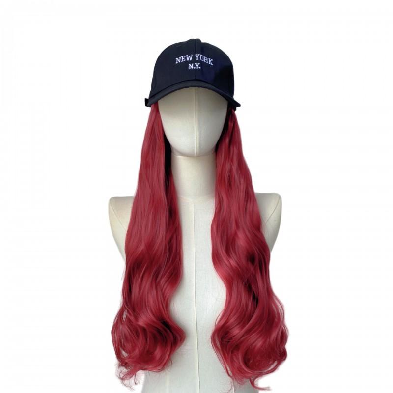 Womens Long Wavy Wig With Baseball Cap Brown Synthetic Full Daily Use