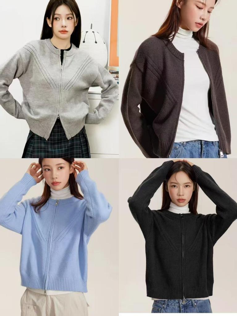 Versatile Women's Round Neck Knit Cardigan - Solid Color Zipper Outerwear for Autumn, Winter, and Spring