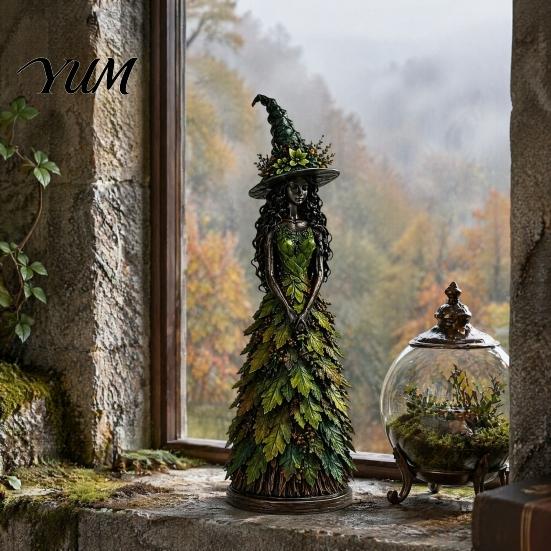 Seasonal Farmhouse Tabletop Accents Autumn Witch Figurine, Halloween Desktop Decoration, Resin Statue with Figurine for Holiday Gift Leaf Gown Mantel