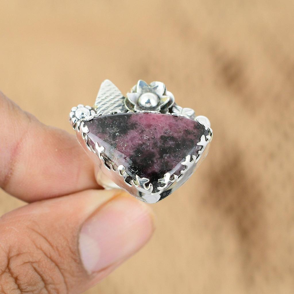 Natural Rhodonite 925 Silver Multi Stone Flower Adjustable Ring For Women