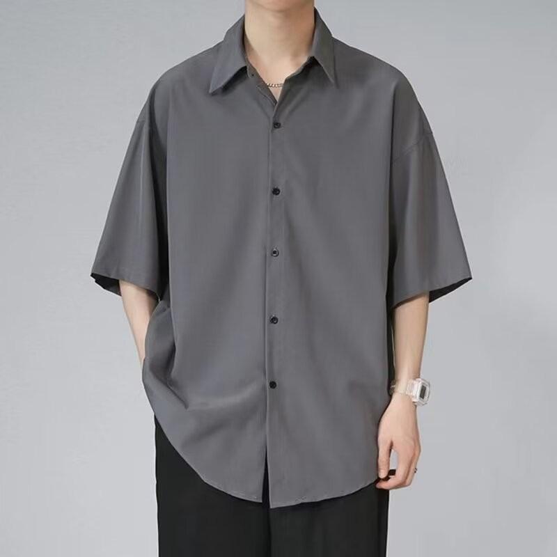 Men's Summer Trendy Loose-Fit Black Ice Silk Shirt with Casual Five-Point Sleeves