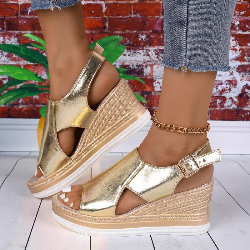 Женские летние босоножки на танкетке с открытым носком, ремешком сзади, пряжкой, сандалии на платформе, женская мода, сандалии на толстой подошве, римская обувь