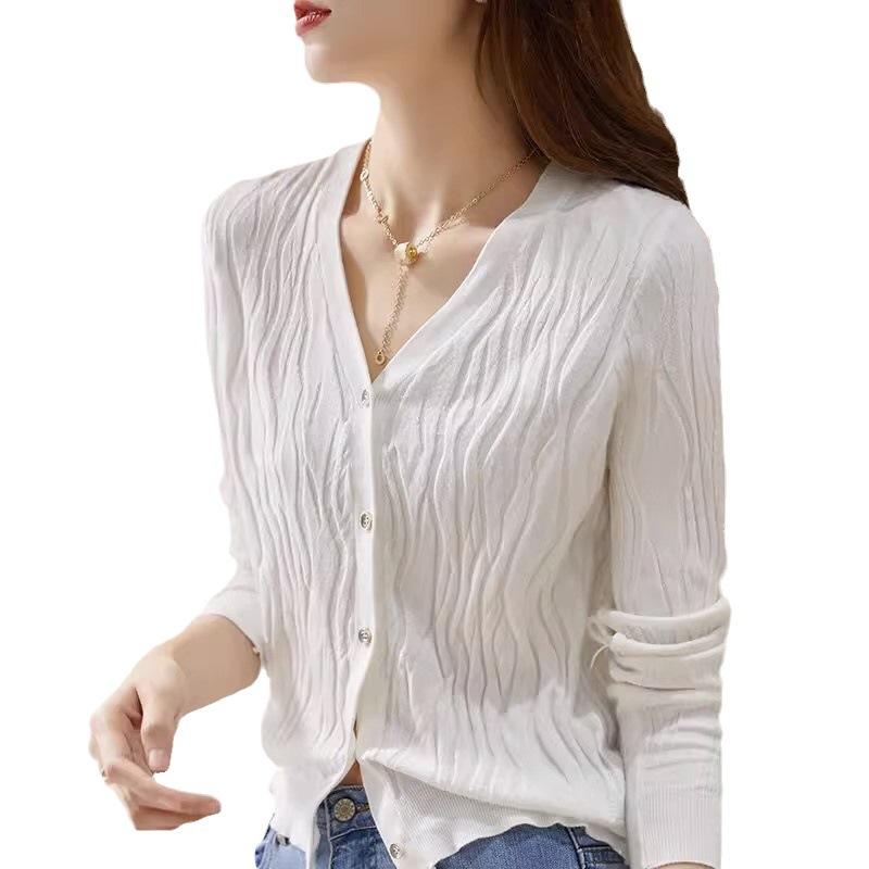 Cardigan Jacket Spring and Autumn Women's Solid Color Long-sleeved Sweater V-neck Knitwear