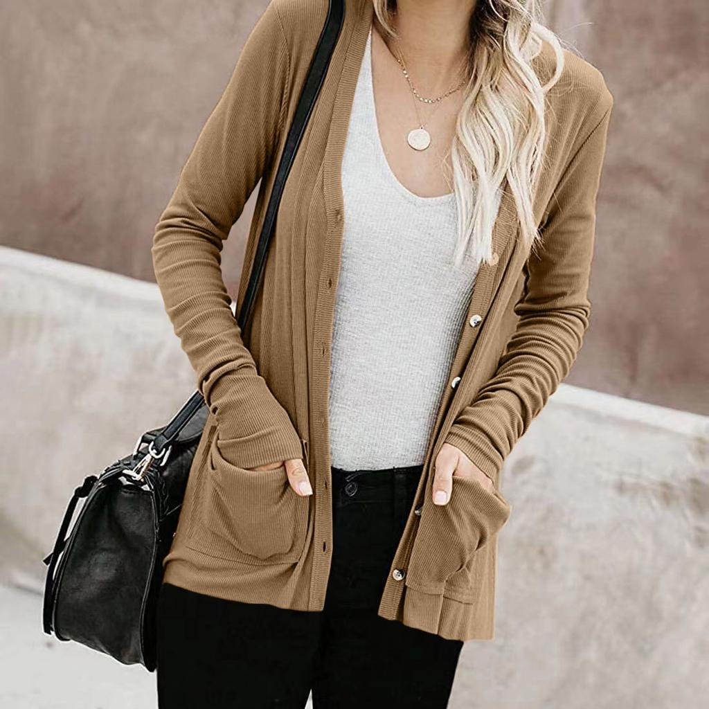 Women's Long Sleeve Tops Casual Shirts Button Down Pockets Basic Ribbed Knit T Shirts Cardigan