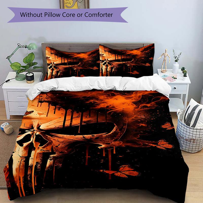 3pcs Punisher Butterflies Skull Bedding Set, Includes 1 Comforter + 2 Pillowcases, Without Pillow Inserts, Soft Comfortable, Lightweight Bre