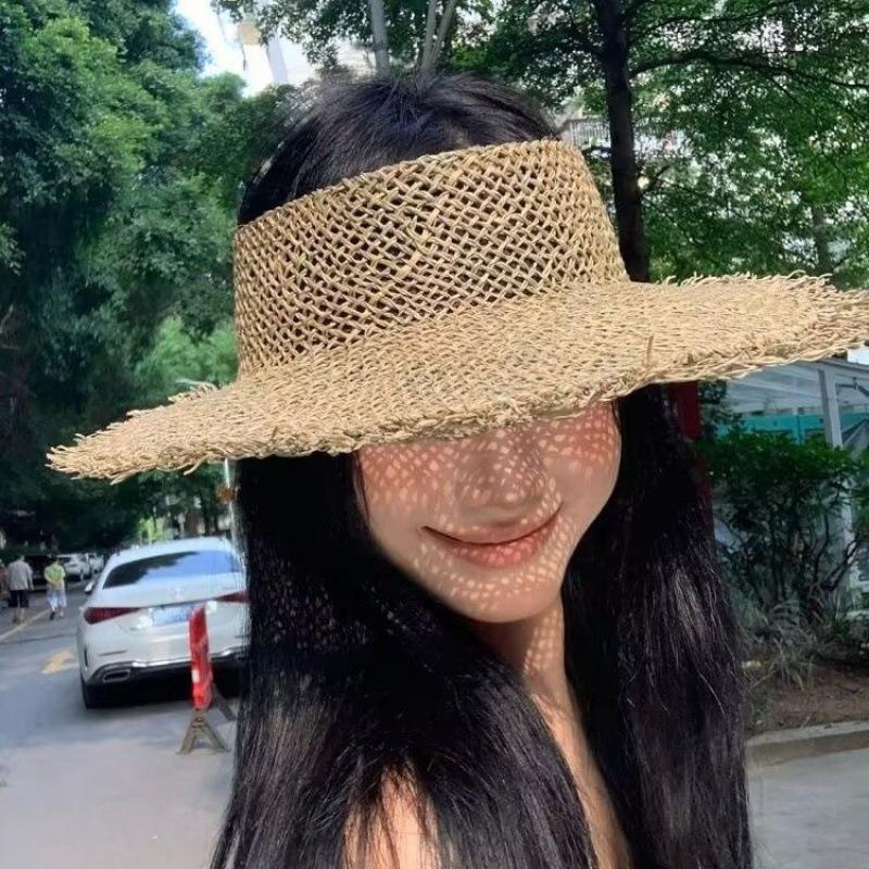 New salty straw hat children's vacation summer sun hat flower straw hat empty top hat burr seagrass women hand-woven sun protection