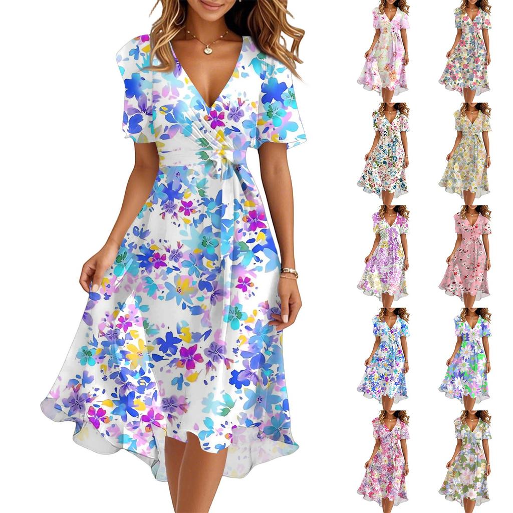 Women's Summer Fashion V-Neck Flared Dress Short Sleeve Floral Dresses