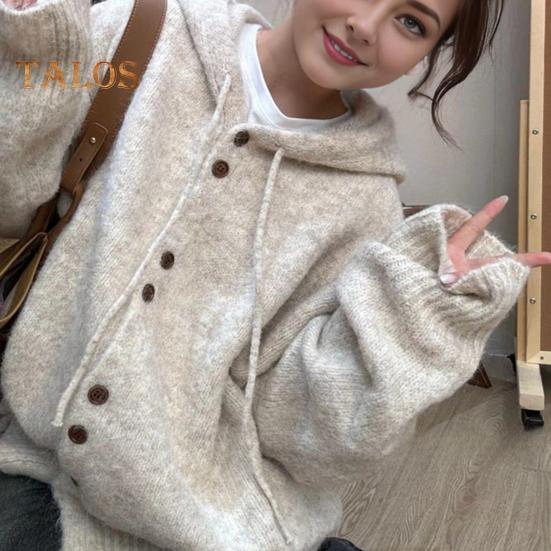 Женский свитер, пальто с капюшоном, завязками, длинными рукавами, однотонное трикотажное пальто с застежкой на пуговицы, повседневная вязаная верхняя одежда