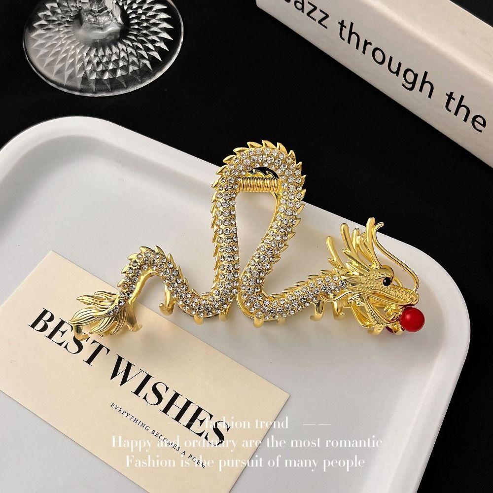 New Year Headwear Animal Hair Clip Red Rhinestone Shark Clip Zodiac Dragon Hair Claw  Daily