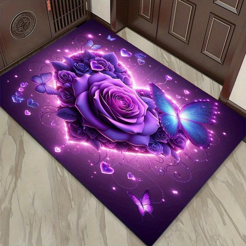 Purple Rose Butterfly Rug Enchanting Floral Fantasy for Romantic Rooms Dreamy Area Rugs Anti slip carpet can be machine washed