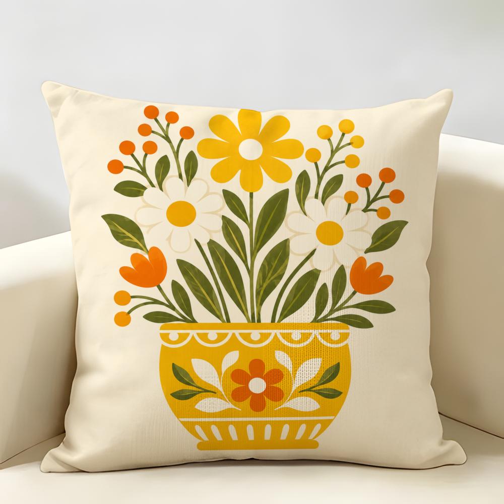 Scandinavian Yellow Folk Floral Cushion Cover Durable Hypoallergenic Organic Linen Short Pillow Cover Washable
