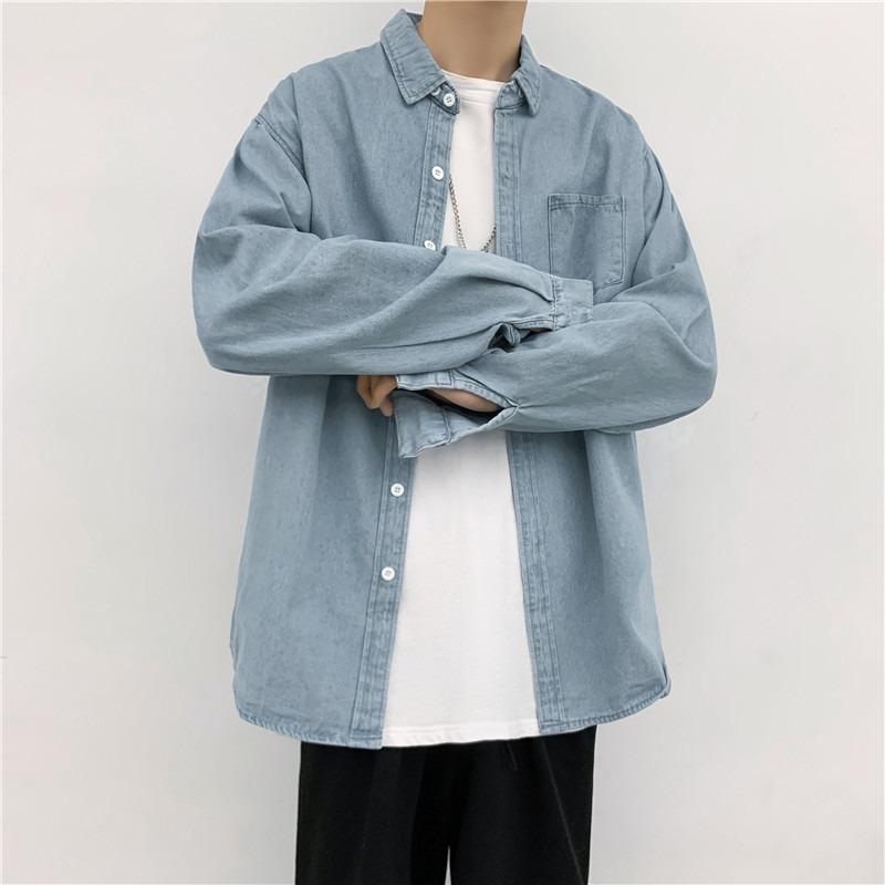 Men's Long Sleeve Harajuku Denim Shirt - Casual Hong Kong Style Loose Fit for Spring and Autumn.