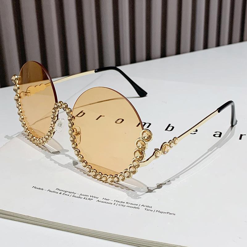European and American metal diamond-encrusted round half-frame trimmed sunglasses, thin trendy fashion high-end hip-hop sunglasses