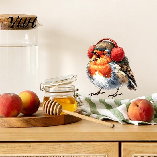 Bird Wall Decorations for Bedroom Christmas Sticker, Cute Watercolor Decals with Wreath/Scarf/Hat/Ear Warmer, PVC Waterproof Self Adhesive Stickers