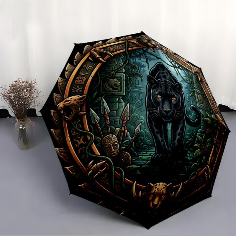 Jungle Jaguar Ritual pattern umbrella, portable and foldable design, 8 ribs, a casual accessory for Halloween, Christmas, and birthday gifts.