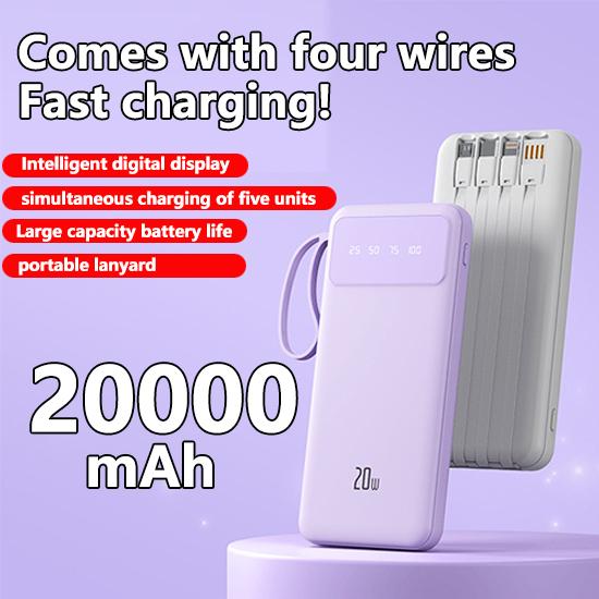 Портативный внешний аккумулятор емкостью 20000 мАч со встроенным кабелем, быстрая зарядка мобильного аккумулятора большой емкости