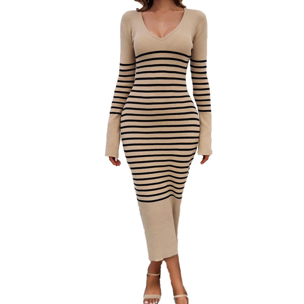 Женское повседневное модное сексуальное удобное полосатое платье с длинным рукавом
