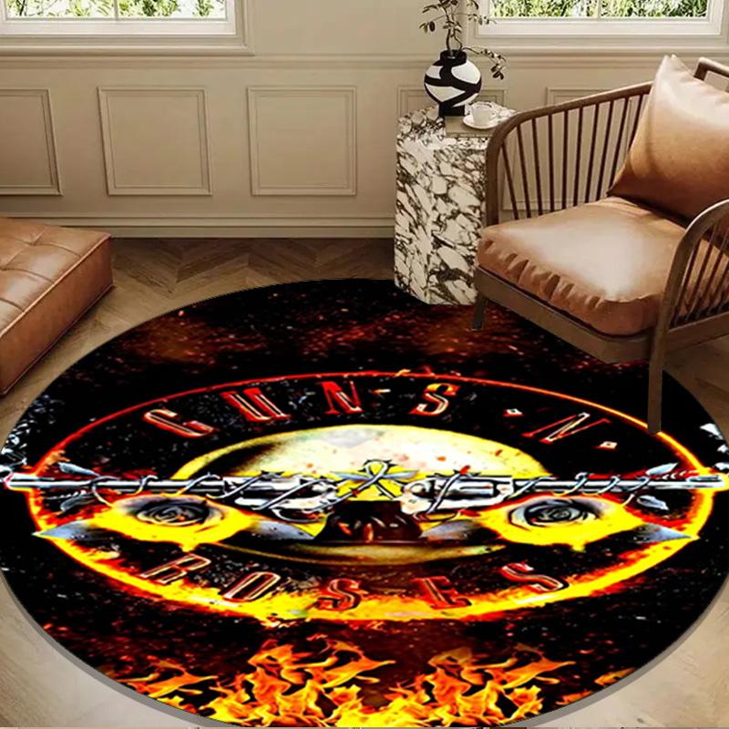 Guns Roses Fire Logo Round Rug for Livingroom,Bedroom, Palyroom, Chair Rug, Area rug, Circle Carpet, Large Size Decor Fan Christmas gift