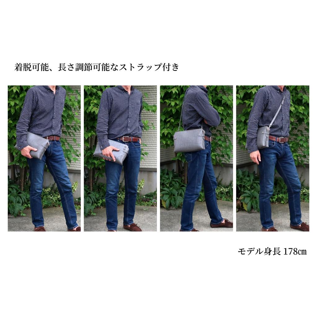 Мужской кожаный клатч COXSWAIN с тиснением под крокодила, серый, с ремешком, CW1605CS GRAY, Сделано в Японии