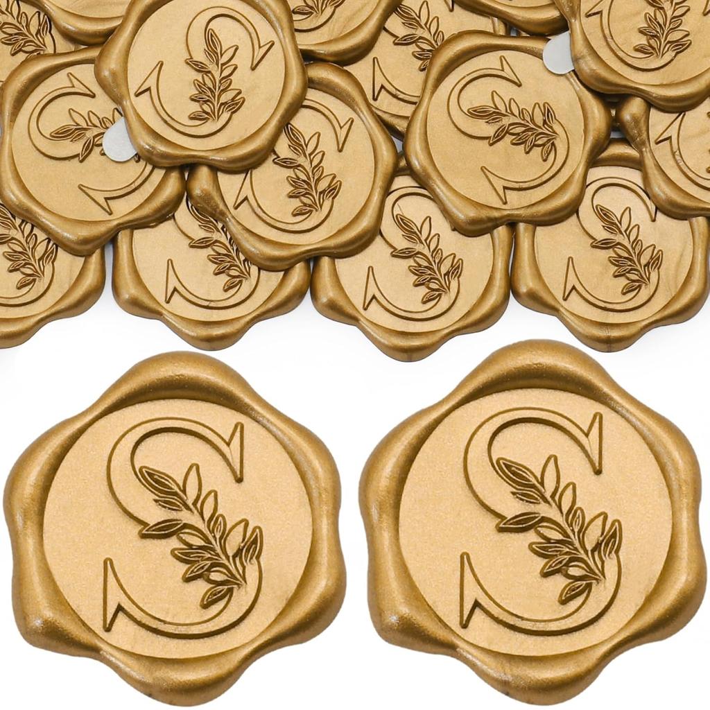 100 Pack Letter S Wax Seal Stickers - Antique Gold Botanical Leaves Initial Alphabet Self-Adhesive Wax Stickers for Wedding Part