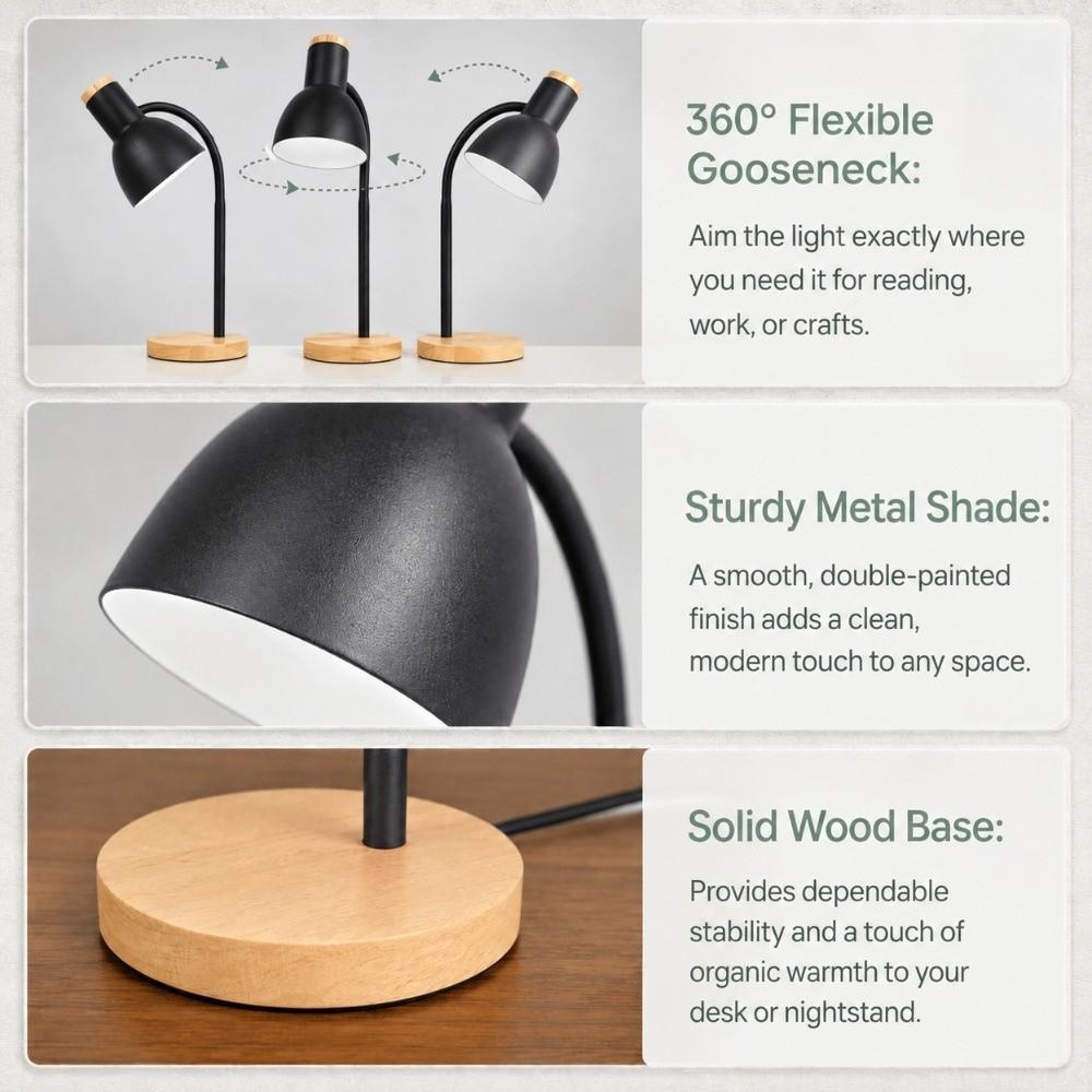 Solid Wood Base Table Lamp Iron Shade Table Light Minimalist Night Light  Dormitory