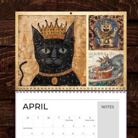 2026 Medieval Cat Calendar with Crowns Whimsical Art Monthly Wall Calendar Unique Gift for Cat Lovers