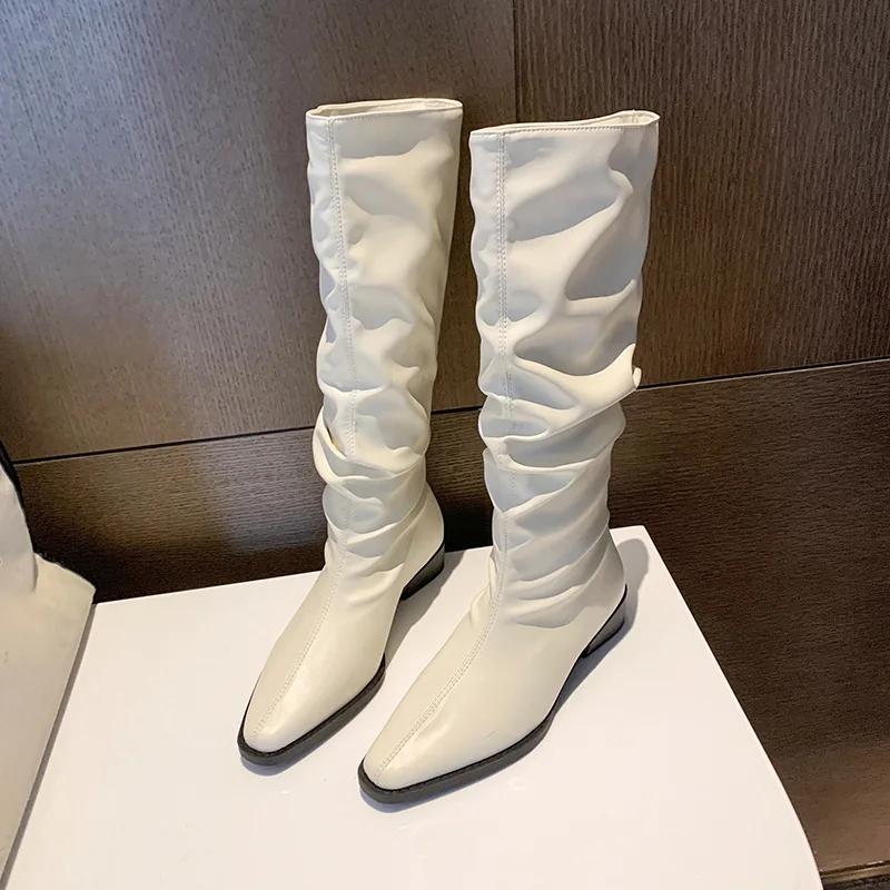 Модные осенне-зимние новые высокие сапоги для женщин в стиле панк, плиссированные замшевые кожаные длинные сапоги для женщин, ковбойские сапоги в стиле вестерн, женские сапоги